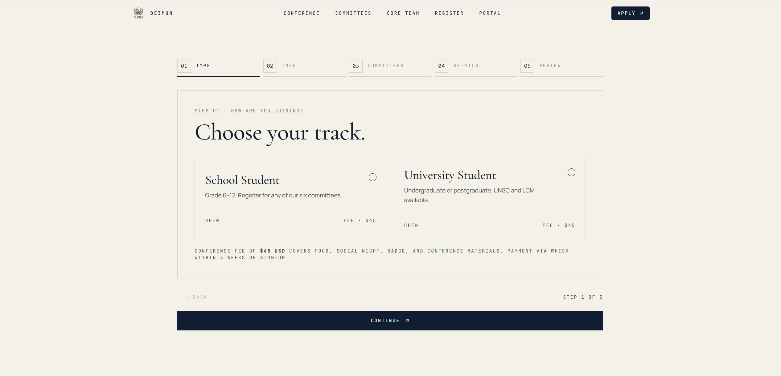 Registration: editorial, formal, deliberately unlike a Google Form